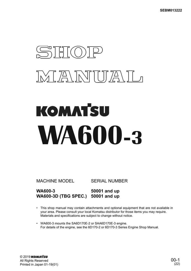 May include: A white shop manual with the text "SHOP MANUAL" and "KOMATSU WA600-3" in bold black font. The manual includes machine model and serial number information. The Komatsu logo and copyright information are also visible.
