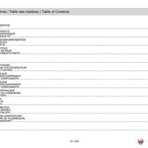 Peut inclure: Un document blanc avec une table des mati&egrave;res en allemand, fran&ccedil;ais et anglais. La table r&eacute;pertorie les pi&egrave;ces et services li&eacute;s aux moteurs, y compris les pi&egrave;ces d'usure, les composants d'&eacute;chappement et les syst&egrave;mes de carburant. Le logo Weidemann est visible.