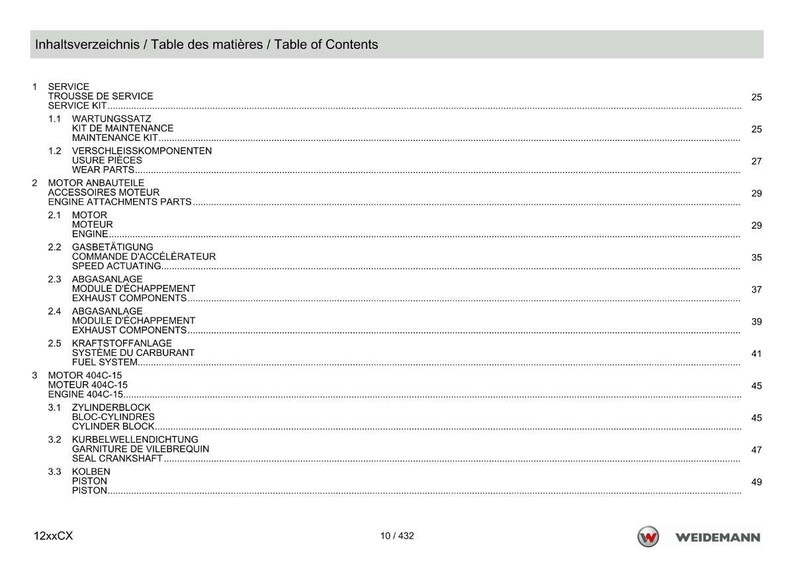 Peut inclure: Un document blanc avec une table des mati&egrave;res en allemand, fran&ccedil;ais et anglais. La table r&eacute;pertorie les pi&egrave;ces et services li&eacute;s aux moteurs, y compris les pi&egrave;ces d'usure, les composants d'&eacute;chappement et les syst&egrave;mes de carburant. Le logo Weidemann est visible.