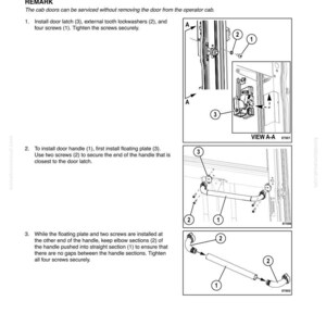 May include: Diagram of interior door handle and door latch installation. The image includes detailed illustrations with labels for parts like the door latch, lockwashers, and screws. Instructions are provided for assembly and disassembly.