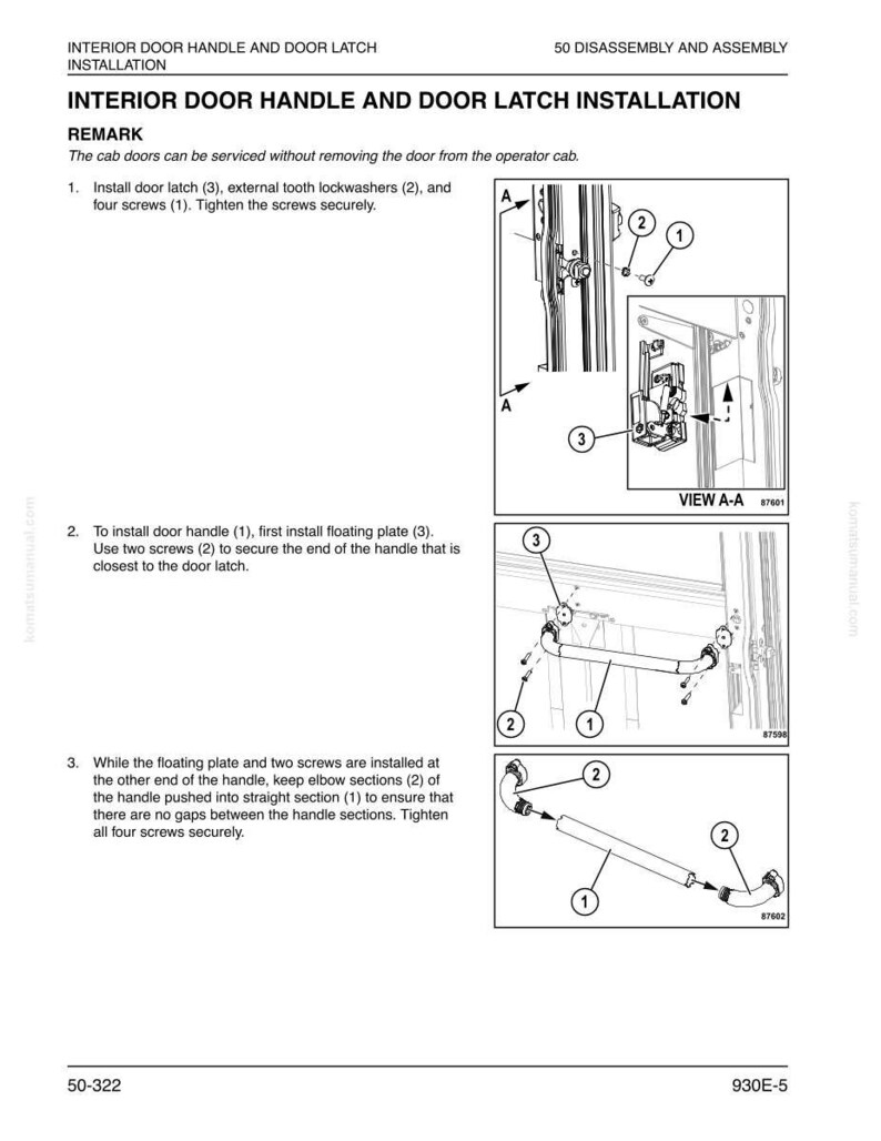 May include: Diagram of interior door handle and door latch installation. The image includes detailed illustrations with labels for parts like the door latch, lockwashers, and screws. Instructions are provided for assembly and disassembly.