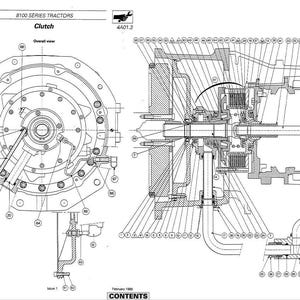 May include: Detailed technical diagram of a tractor clutch assembly, featuring cross-sectional views and labeled components. The diagram is in black and white, with precise lines and annotations. The text "B100 SERIES TRACTORS Clutch" is at the top.