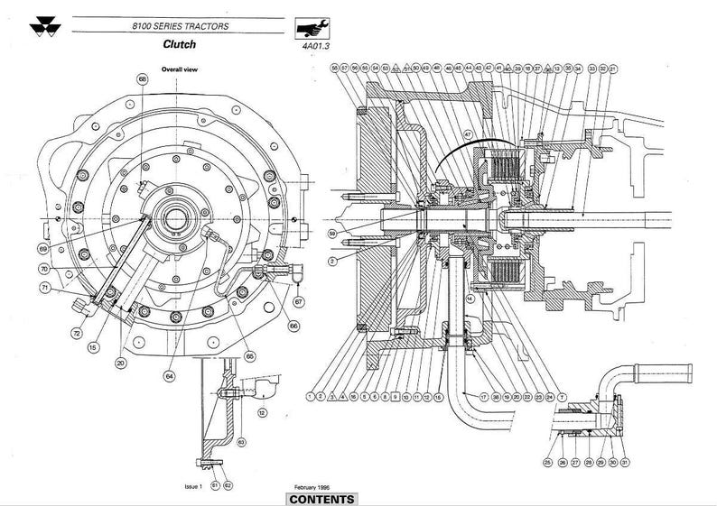 May include: Detailed technical diagram of a tractor clutch assembly, featuring cross-sectional views and labeled components. The diagram is in black and white, with precise lines and annotations. The text "B100 SERIES TRACTORS Clutch" is at the top.