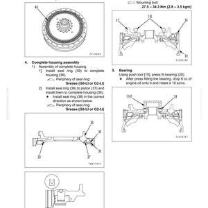 K&ouml;nnte beinhalten: Diagramm eines mechanischen Montageprozesses mit detaillierten Anweisungen. Enth&auml;lt Illustrationen des Einbaus der Scheibe, der kompletten Geh&auml;usebaugruppe und des Lagereinbaus. Der Text liefert Schritt-f&uuml;r-Schritt-Anleitungen mit Messungen in Nm und kgm.