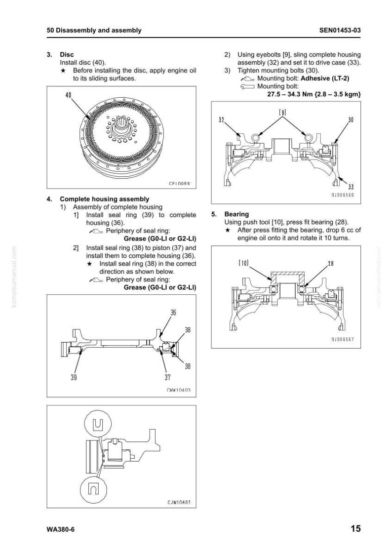 K&ouml;nnte beinhalten: Diagramm eines mechanischen Montageprozesses mit detaillierten Anweisungen. Enth&auml;lt Illustrationen des Einbaus der Scheibe, der kompletten Geh&auml;usebaugruppe und des Lagereinbaus. Der Text liefert Schritt-f&uuml;r-Schritt-Anleitungen mit Messungen in Nm und kgm.