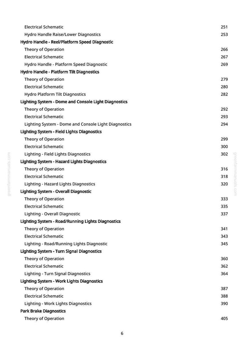 May include: A white page with a list of automotive electrical system diagnostics, including "Hydro Handle" and "Lighting System" topics. The page numbers are listed on the right side.