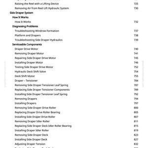 Op de afbeelding: Een pagina uit een handleiding met een inhoudsopgave. De tekst bevat onderwerpen als "Side Draper System", "Problemen diagnosticeren" en "Servicebare componenten". Paginanummers staan rechts.