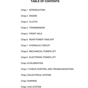 May include: A white page with the title "TABLE OF CONTENTS" and a list of chapter titles, including "INTRODUCTION", "ENGINE", "CLUTCH", and "TRANSMISSION". The page has a small logo in the upper right corner.