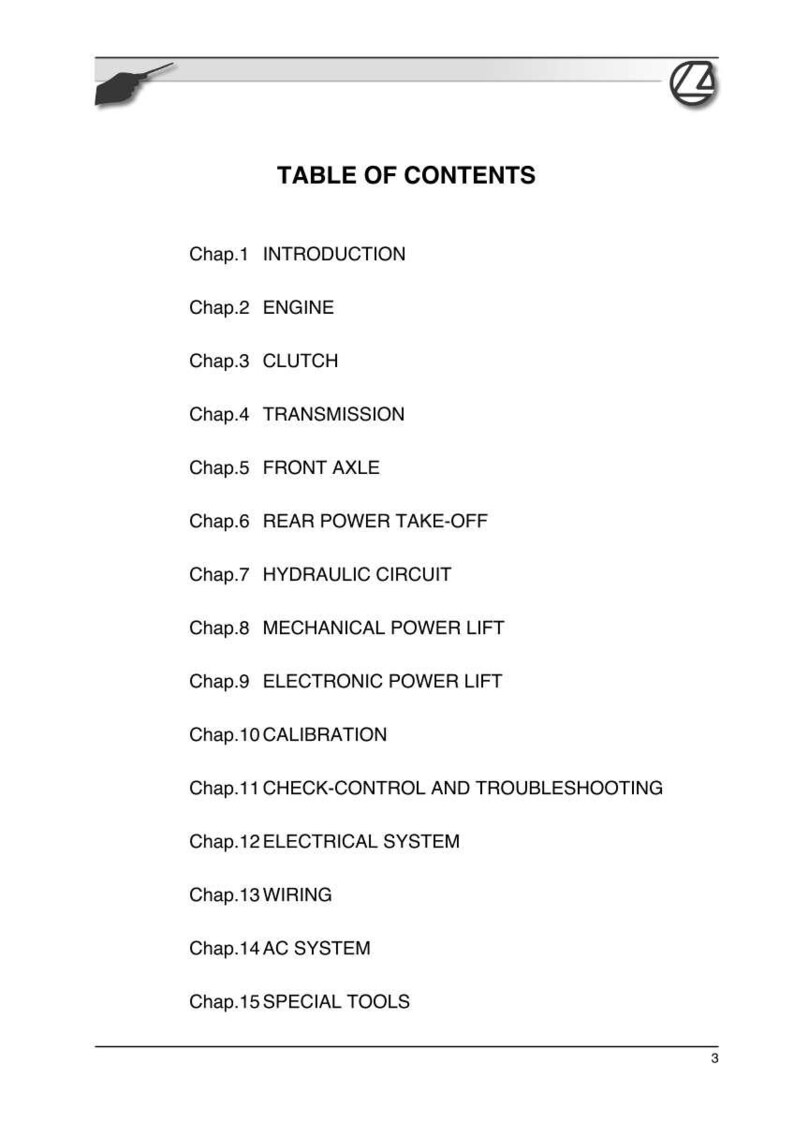 May include: A white page with the title "TABLE OF CONTENTS" and a list of chapter titles, including "INTRODUCTION", "ENGINE", "CLUTCH", and "TRANSMISSION". The page has a small logo in the upper right corner.