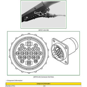 May include: Diagram of a tractor wiring harness to front hopper wiring harness interconnect. The image includes a circular connector with 22 pins and a side view of the connector. Text includes component information.