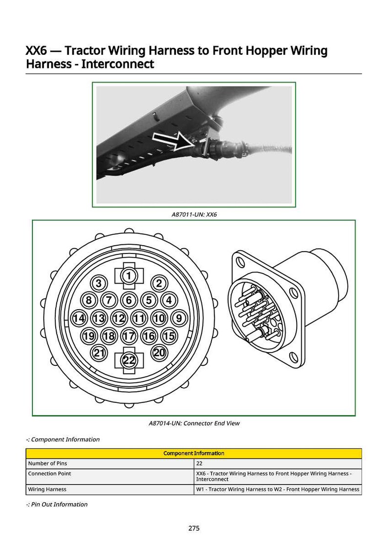 May include: Diagram of a tractor wiring harness to front hopper wiring harness interconnect. The image includes a circular connector with 22 pins and a side view of the connector. Text includes component information.