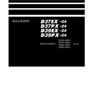 May include: A black and white shop manual for a bulldozer. The manual includes the text "Shop Manual" and "BULLDOZER" along with model numbers D37EX-24, D37PX-24, D39EX-24, and D39PX-24. The Komatsu logo is at the bottom.