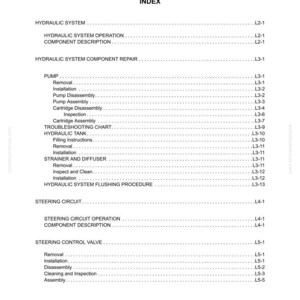 May include: A white page featuring the title "SECTION L HYDRAULIC SYSTEM INDEX". The index lists various hydraulic system components such as pump, tank, and steering circuit, with corresponding page numbers.