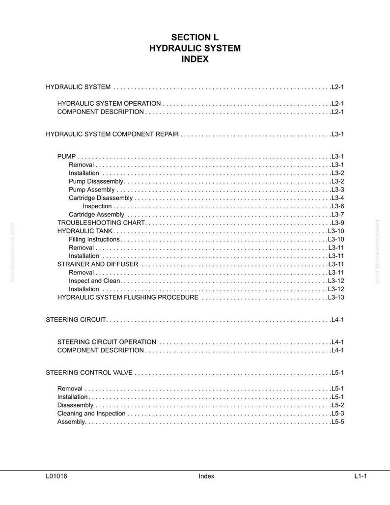 May include: A white page featuring the title "SECTION L HYDRAULIC SYSTEM INDEX". The index lists various hydraulic system components such as pump, tank, and steering circuit, with corresponding page numbers.