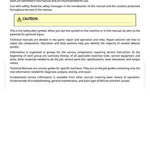 May include: A page from a technical manual with the heading "Foreword." The text describes the manual's purpose, safety precautions, and organization. A yellow box with a black triangle and exclamation point indicates a caution. The page is white with black text.