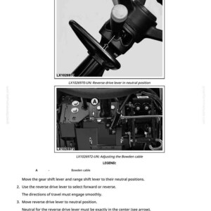 Pu&ograve; includere: Diagramma dei componenti del macchinario, tra cui una leva della retromarcia e un cavo Bowden. L'immagine mostra viste ravvicinate con etichette e istruzioni per la regolazione. Il testo include "Leva della retromarcia in posizione neutra" e "Regolazione del cavo Bowden."