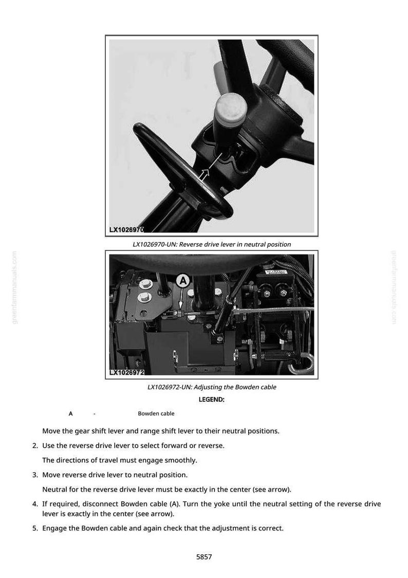 Pu&ograve; includere: Diagramma dei componenti del macchinario, tra cui una leva della retromarcia e un cavo Bowden. L'immagine mostra viste ravvicinate con etichette e istruzioni per la regolazione. Il testo include "Leva della retromarcia in posizione neutra" e "Regolazione del cavo Bowden."