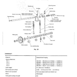 May include: Technical diagram illustrating a camshaft, valve, tappet, and timing system, with labels for components such as rocker valve shaft and valve spring. Includes a table with journal diameter measurements in mm and inches.