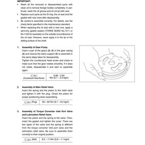 Puede incluir: Diagrama t&eacute;cnico de la serie AX50/BX50, que detalla el desmontaje y montaje de un convertidor de par. Incluye instrucciones para el montaje de la bomba de engranajes, la v&aacute;lvula de alivio principal y la v&aacute;lvula de entrada del convertidor de par. Medidas en Newton metros.