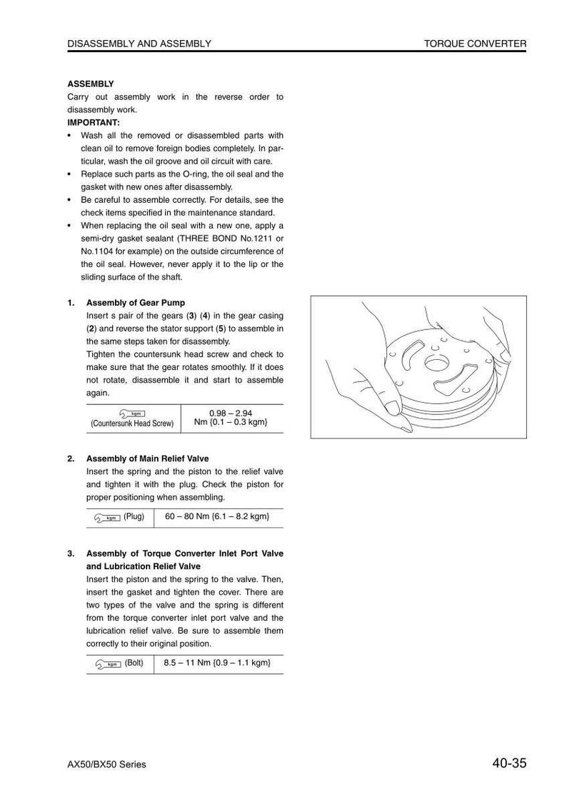 Puede incluir: Diagrama t&eacute;cnico de la serie AX50/BX50, que detalla el desmontaje y montaje de un convertidor de par. Incluye instrucciones para el montaje de la bomba de engranajes, la v&aacute;lvula de alivio principal y la v&aacute;lvula de entrada del convertidor de par. Medidas en Newton metros.