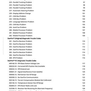Puede incluir: Una p&aacute;gina impresa con una lista de c&oacute;digos de problemas de diagn&oacute;stico, incluyendo problemas de bus CAN y problemas de receptor StarFire. La p&aacute;gina incluye una lista numerada con los n&uacute;meros de p&aacute;gina correspondientes.