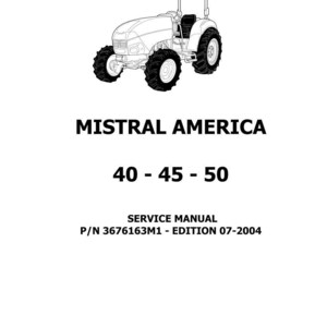 May include: A black and white line drawing of a tractor with the text "MISTRAL AMERICA 40 - 45 - 50" and "SERVICE MANUAL" at the bottom. The Landini logo is at the bottom.