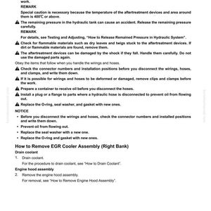May include: A page from a manual titled "Remove and Install EGR Cooler Assembly (Right Bank)". The text provides instructions and safety precautions for automotive repair, including warnings about high temperatures and flammable materials.