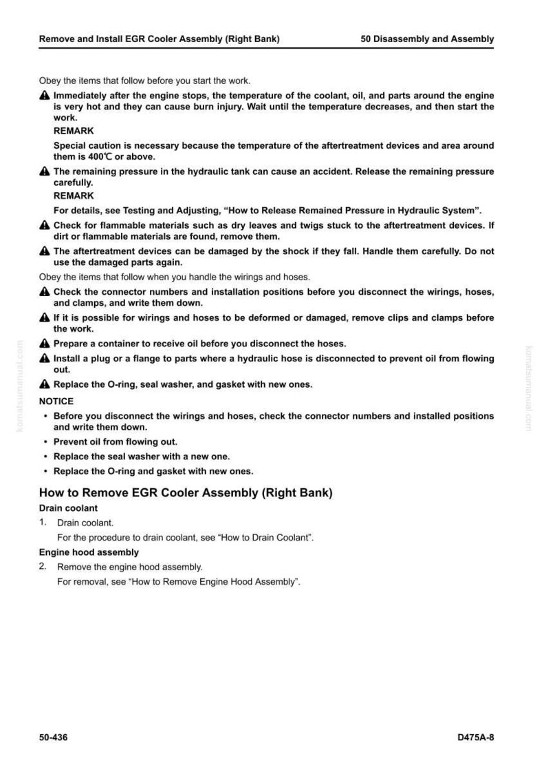 May include: A page from a manual titled "Remove and Install EGR Cooler Assembly (Right Bank)". The text provides instructions and safety precautions for automotive repair, including warnings about high temperatures and flammable materials.