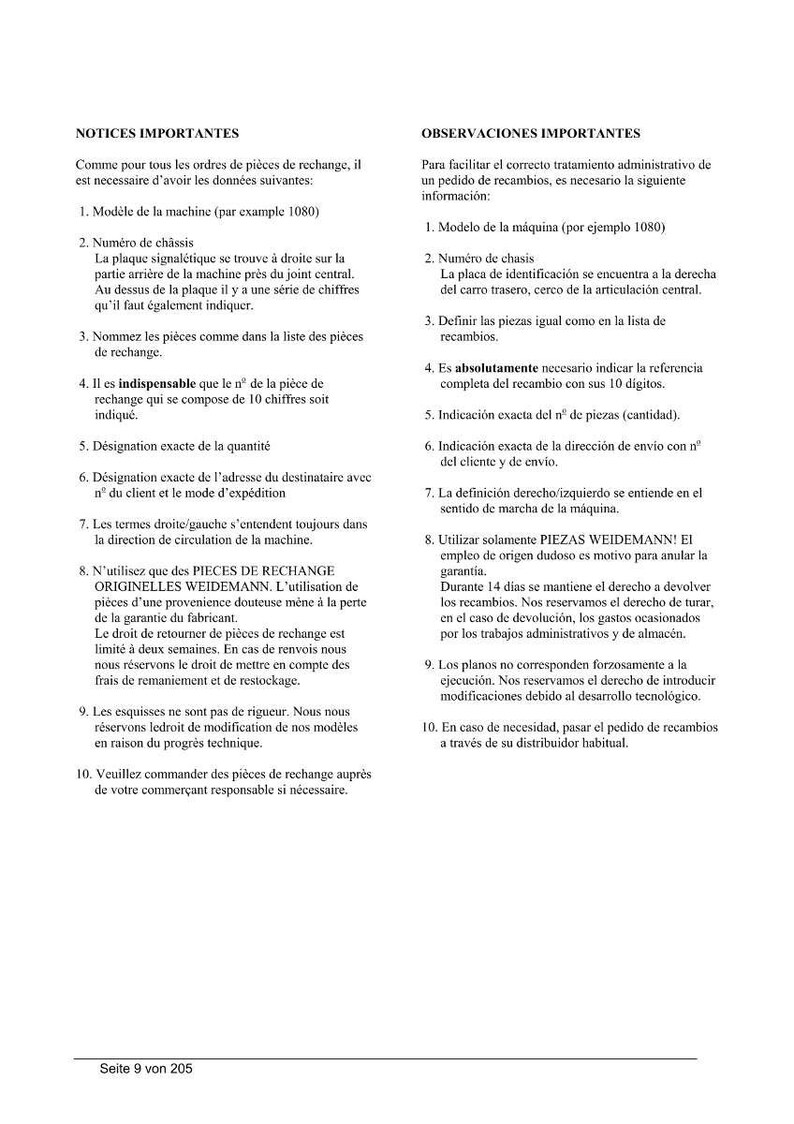 May include: A printed document with text in French and Spanish, detailing instructions for ordering spare parts. The document includes numbered lists and technical terms, likely for machinery maintenance or repair.