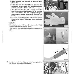 May include: Page from a manual detailing the disassembly and assembly of a hydraulic tank. Includes images of gloves, plugs, and hose components. Text instructions are provided for each step, with diagrams and part numbers.