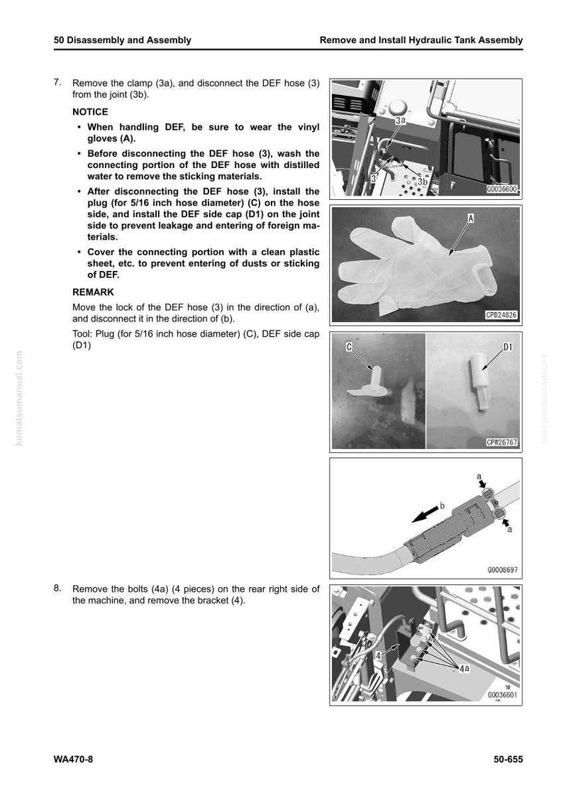May include: Page from a manual detailing the disassembly and assembly of a hydraulic tank. Includes images of gloves, plugs, and hose components. Text instructions are provided for each step, with diagrams and part numbers.