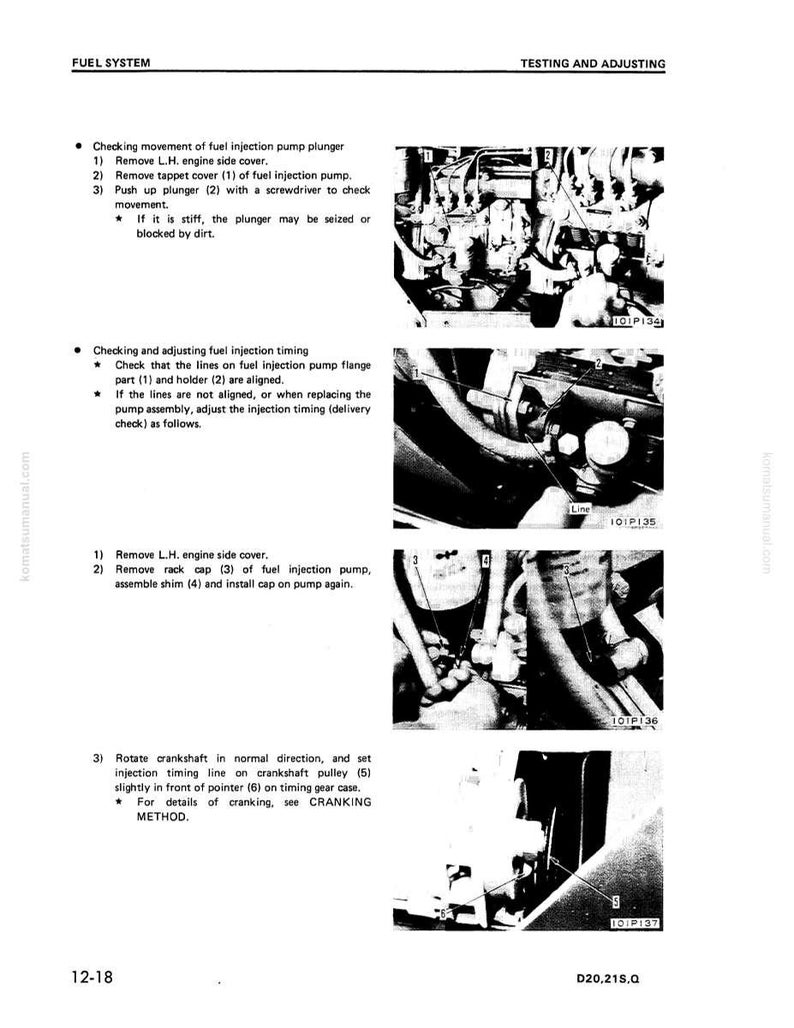 Może przedstawiać: Czarno-biały schemat techniczny z instrukcji, szczeg&oacute;łowo opisujący procedury testowania i regulacji układu paliwowego. Schemat zawiera zbliżenia element&oacute;w silnika, z ponumerowanymi krokami i instrukcjami.