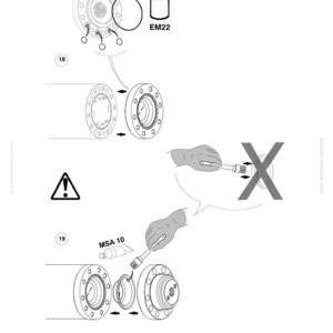 May include: Diagram of mechanical components with labels and instructions. Includes a paint can labeled "EM22", a tube labeled "MSA 10", and various circular parts with bolt holes. A warning symbol is also present.
