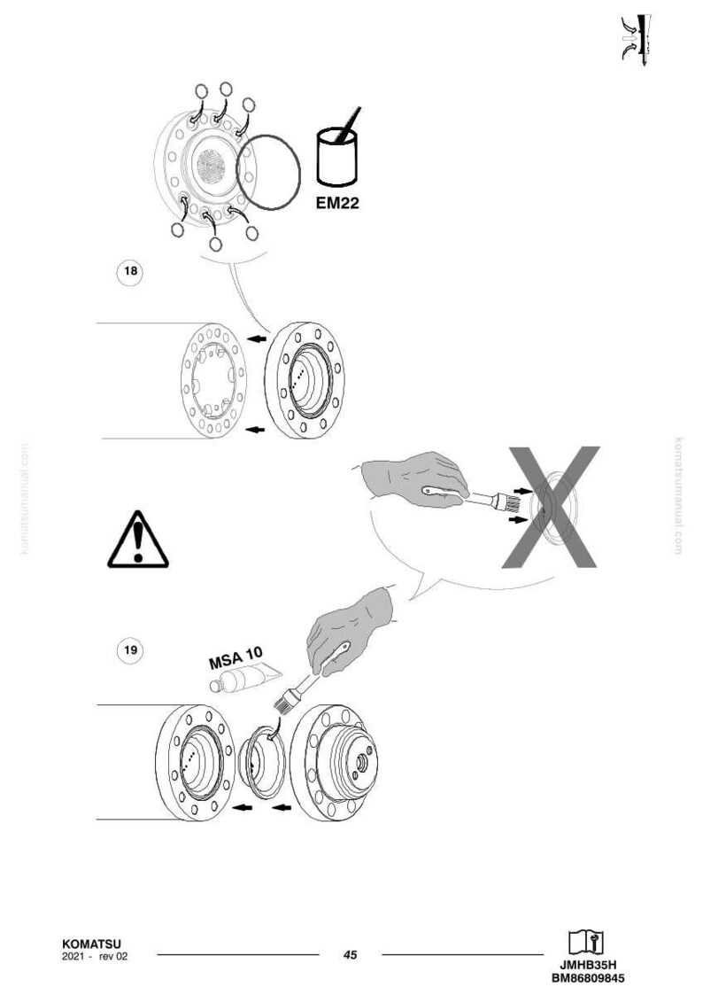 May include: Diagram of mechanical components with labels and instructions. Includes a paint can labeled "EM22", a tube labeled "MSA 10", and various circular parts with bolt holes. A warning symbol is also present.