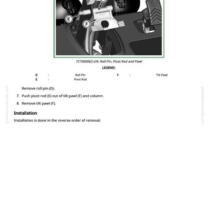 May include: Diagram of mechanical components, including a roll pin, pivot rod, and tilt pawl. The image includes labels and instructions for removal and installation, with the text "TCT009062-UN: Roll Pin, Pivot Rod and Pawl."