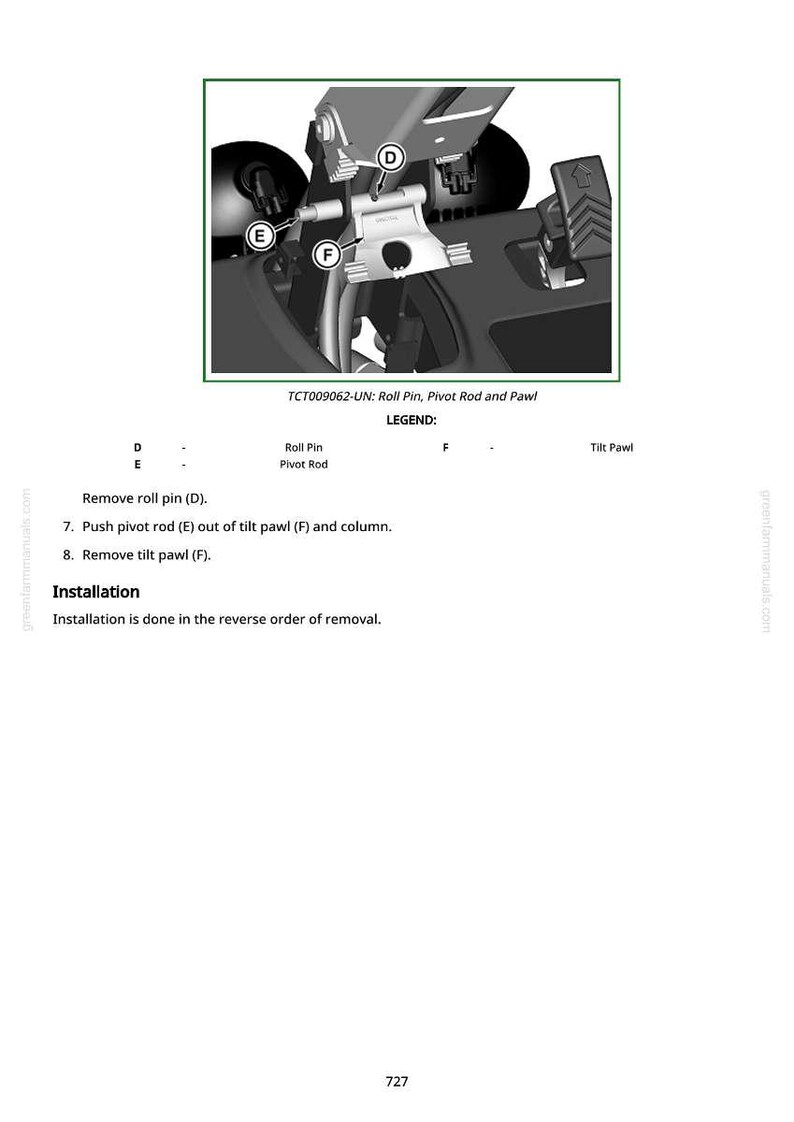 May include: Diagram of mechanical components, including a roll pin, pivot rod, and tilt pawl. The image includes labels and instructions for removal and installation, with the text "TCT009062-UN: Roll Pin, Pivot Rod and Pawl."