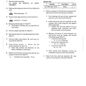 May include: A detailed technical diagram with instructions for removing and installing a front final drive and hub assembly. The text includes steps, part numbers, and measurements in millimeters and kilograms.