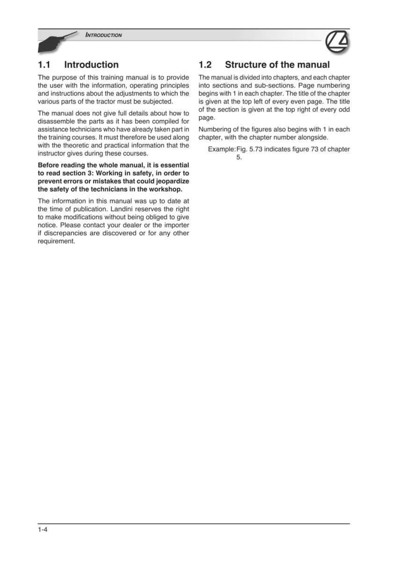 May include: A page from a training manual with the title "Introduction" and section headings. The text explains the manual's purpose, structure, and safety instructions. The page is white with black text and a logo in the upper right corner.