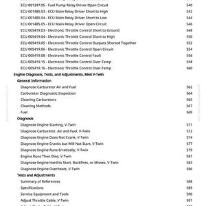 May include: A page from a manual with a list of engine diagnostic tests and adjustments for a M44 V-Twin engine. The text includes topics like fuel pump relay, electronic throttle control, and carburetor diagnosis.