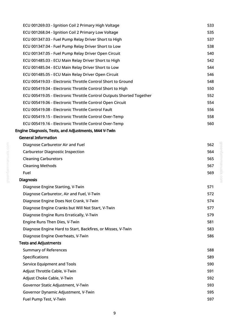 May include: A page from a manual with a list of engine diagnostic tests and adjustments for a M44 V-Twin engine. The text includes topics like fuel pump relay, electronic throttle control, and carburetor diagnosis.