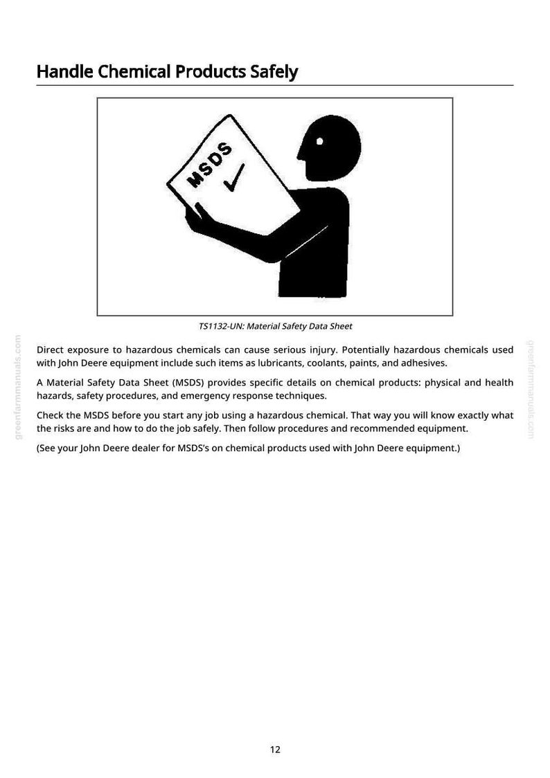 May include: A black and white illustration showing a person holding a document labelled "MSDS" with a tick. The text "Handle Chemical Products Safely" is at the top. The document is labelled "TS1132-UN: Material Safety Data Sheet".
