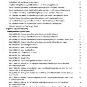 May include: A page from a technical manual with a table of contents and diagnostic trouble codes. The document includes sections on torque values, fitting assemblies, and blockage monitoring units, with specific error codes and descriptions.