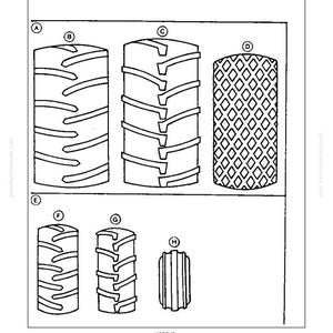 May include: Diagram illustrating tire identification, featuring various tire tread patterns. The image includes labeled examples of drive and steering tire types, such as cleats, cane and rice, low profile, and super rib designs. Text at the top reads "Tire Identification".
