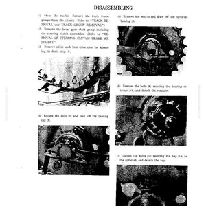 May include: A black and white technical manual page titled "FINAL DRIVE DISASSEMBLING." The page includes diagrams and instructions for disassembling mechanical components, with close-up images of gears, bolts, and other parts. Text includes numbered steps.
