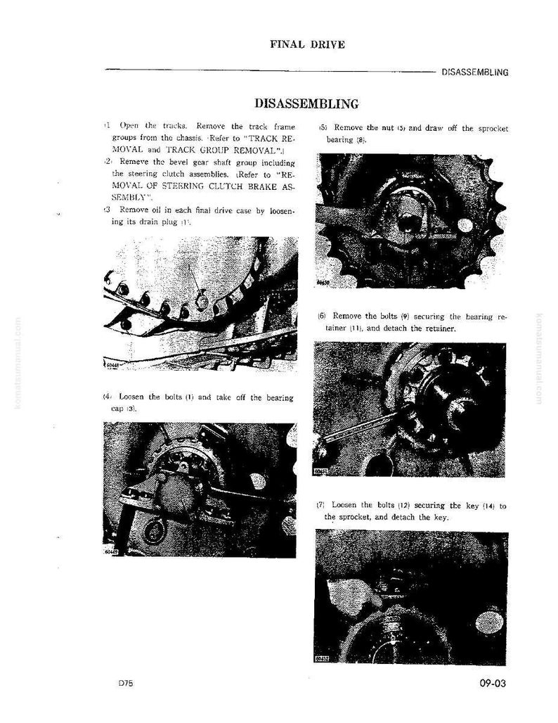 May include: A black and white technical manual page titled "FINAL DRIVE DISASSEMBLING." The page includes diagrams and instructions for disassembling mechanical components, with close-up images of gears, bolts, and other parts. Text includes numbered steps.