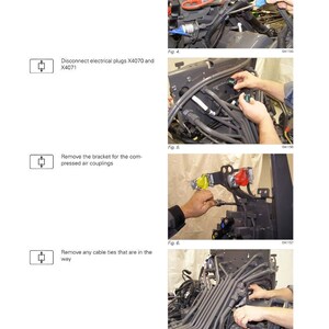K&ouml;nnte beinhalten: Technische Zeichnung von Fendt mit Schritten zur Getriebewartung. Anweisungen umfassen das &Ouml;ffnen von Kabelklemmen, das Trennen von elektrischen Steckern, das Entfernen von Halterungen und Kabelbindern. Das Diagramm ist mit Abbildungen und Teilenummern versehen.