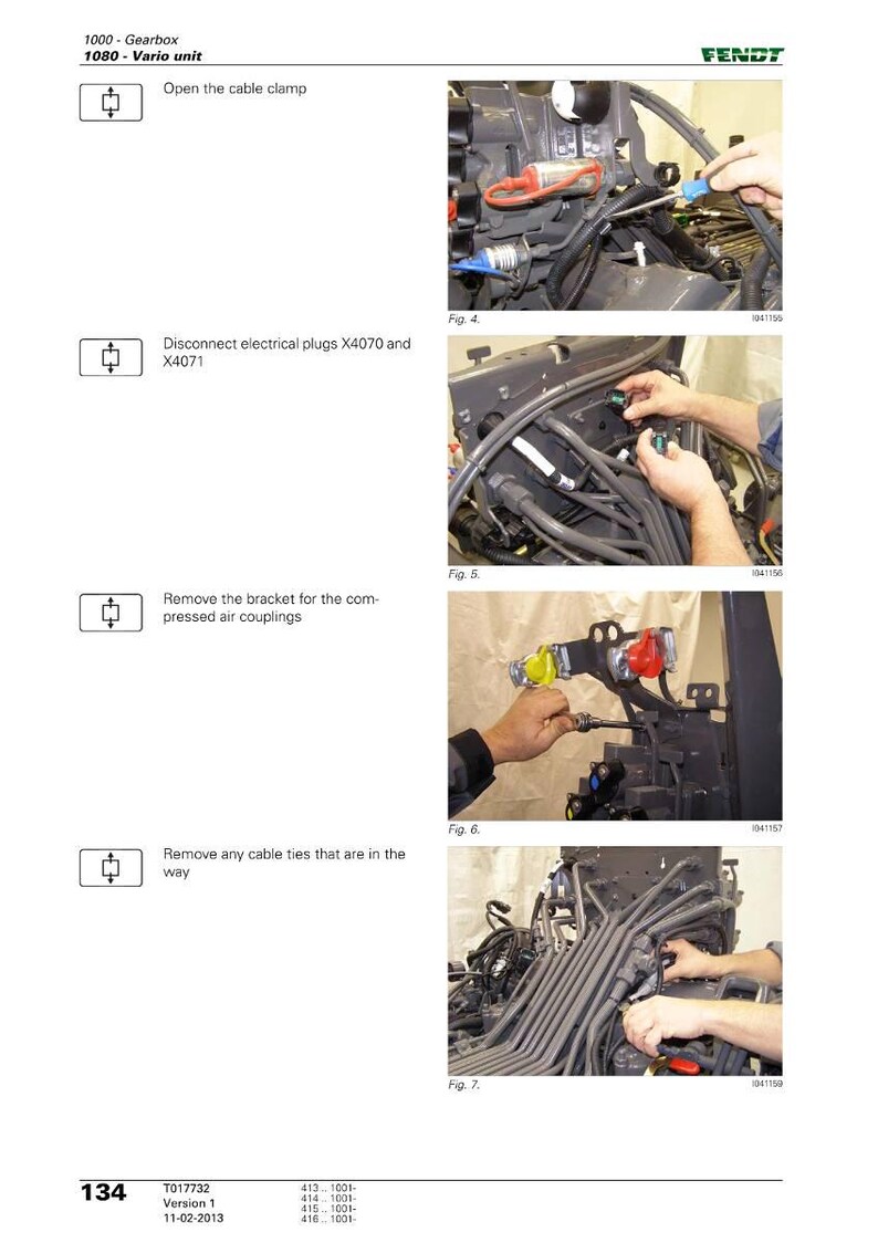 K&ouml;nnte beinhalten: Technische Zeichnung von Fendt mit Schritten zur Getriebewartung. Anweisungen umfassen das &Ouml;ffnen von Kabelklemmen, das Trennen von elektrischen Steckern, das Entfernen von Halterungen und Kabelbindern. Das Diagramm ist mit Abbildungen und Teilenummern versehen.