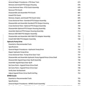 May include: A white page from a manual with a table of contents. The text includes terms like "Rear PTO", "Hydraulic Pump Drive", and "MFWD Clutch". The page number "10" is visible at the bottom.