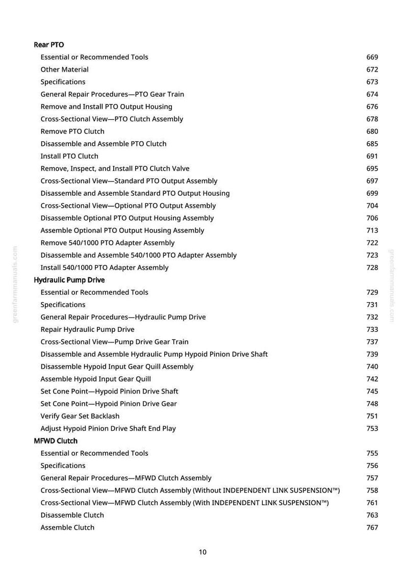 May include: A white page from a manual with a table of contents. The text includes terms like "Rear PTO", "Hydraulic Pump Drive", and "MFWD Clutch". The page number "10" is visible at the bottom.