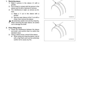 May include: Diagram of cylinder block repair instructions. Text includes steps for replacing a wear sleeve, including removing and press fitting the sleeve. Includes illustrations of the sleeve.